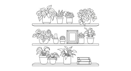 Shelves filled with potted plants and books in line art. © Caket