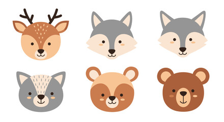 Fototapeta premium Set of cute cartoon forest animal faces including deer, wolf, raccoon, and bears.