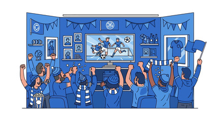 Fans watch soccer game on TV, cheering and celebrating © Caket