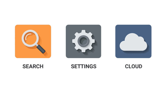 Three app icons: search, settings, and cloud storage