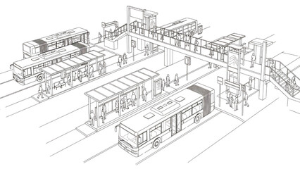 Fototapeta premium Top View Public Transport System with Commuters Boarding Buses and Modular Transit Shelters CAD Vector