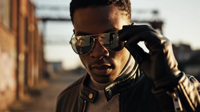 Man with aviator sunglasses reflecting urban scene