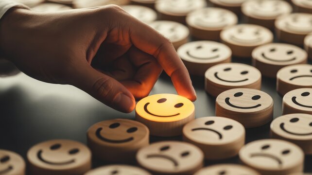 Hand picking a glowing wooden smiley face block representing positive customer feedback and satisfaction