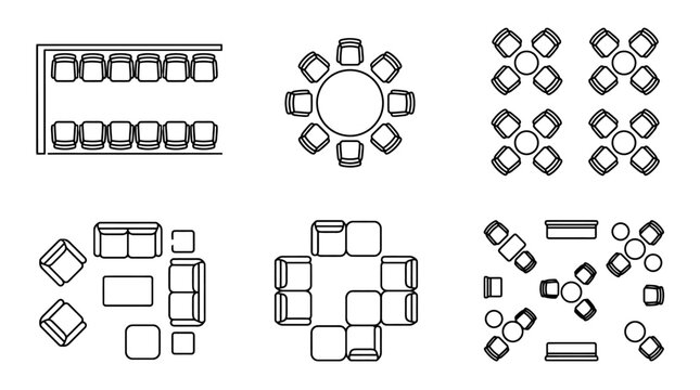 top view outline Set of event seating arrangement floor plan icons