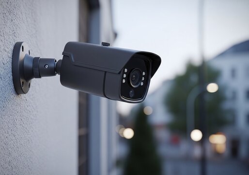 Security Camera Mounted on Wall Monitoring Area, Surveillance Concept