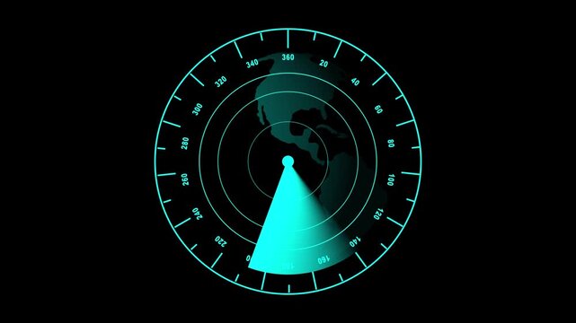 Radar screen animation displaying earth globe. Radar screen futuristic sector tracking. Radar screen global technology interface graphic on black.