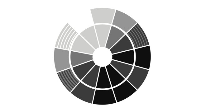 Circular color chart with diverse gray tones and segmented sections showcasing artistic spectrum design