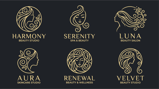 A collection of six elegant gold line art logos featuring stylized female faces and profiles with flowing hair and floral elements, suitable for beauty, spa, and wellness businesses.