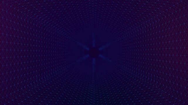 Blue purple network tunnel background glowing mesh walls, dotted nodes, deep perspective, digital vortex style. for AI videos, data visuals, cyber intros, science animations, and technology overlays.