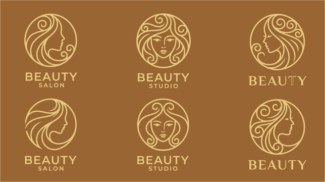 Collection of six elegant circular beauty logos featuring stylized female faces and profiles with flowing hair, suitable for salons and studios.