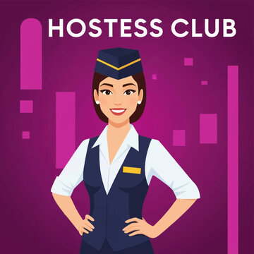 Vector illustration of a smiling woman in a navy blue flight attendant uniform with a pillbox hat and white shirt, standing against a purple background with Hostess Club text overlay.