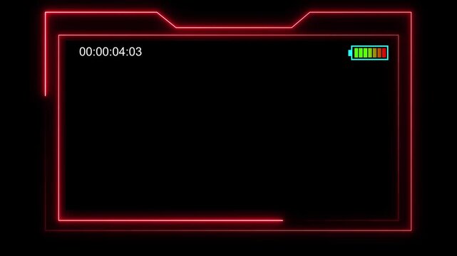 Neon frame animation with red timer and battery. Neon frame digital interface border. Neon frame technology power status graphic on black background.
