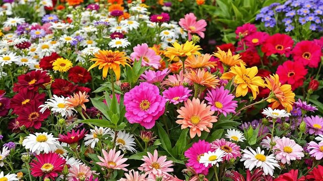 A vibrant garden filled with a colorful assortment of blooming flowers.