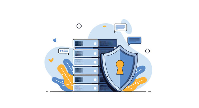 Secure server data protection features a large shield with a keyhole guarding a stack of servers against cyber threats.