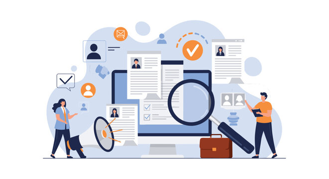 Recruitment and hiring process on a computer screen features candidate resumes, a magnifying glass, and an interview megaphone.