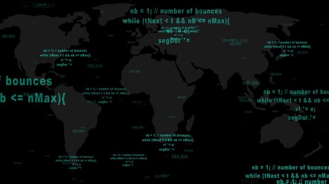 World map animation with programming code. World map global data and numbers. World map digital technology and software development graphic.