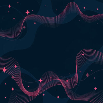 Abstract dark blue background featuring magenta flowing wavy line ribbons, pink four-pointed sparkling stars, and circular dots framing a central empty navy space for text.