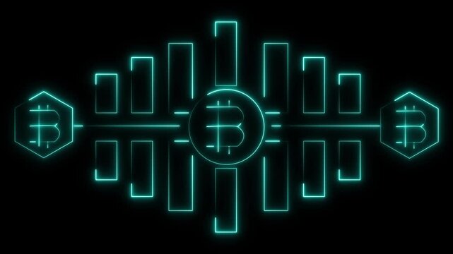 Bitcoin symbol animation with neon cyan design. Bitcoin symbol cryptocurrency finance. Bitcoin symbol digital geometric graphic on black background.
