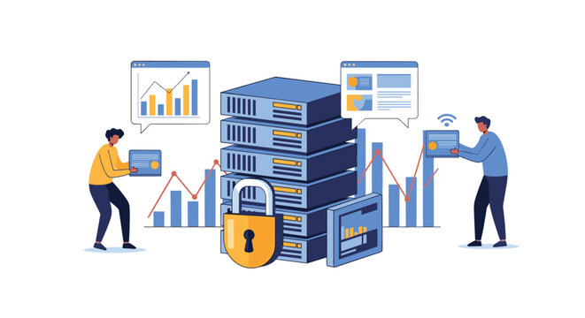 Secure database servers managed by IT professionals feature a large padlock and live performance tracking graphs for safety.