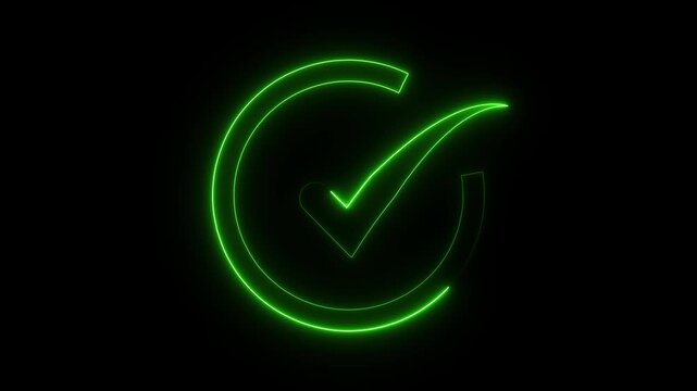Check mark animation with green neon circle. Check mark success and approval tick. Check mark digital interface graphic on black background.