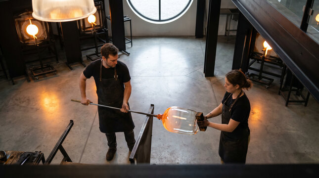 Glass blowing team of two working a large bubble of clear molten glass into a wide cylindrical vessel, the gaffer rotating the pipe steadily 2