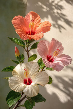 Colorful hibiscus flowers with soft sunlight and natural shadows on neutral background
