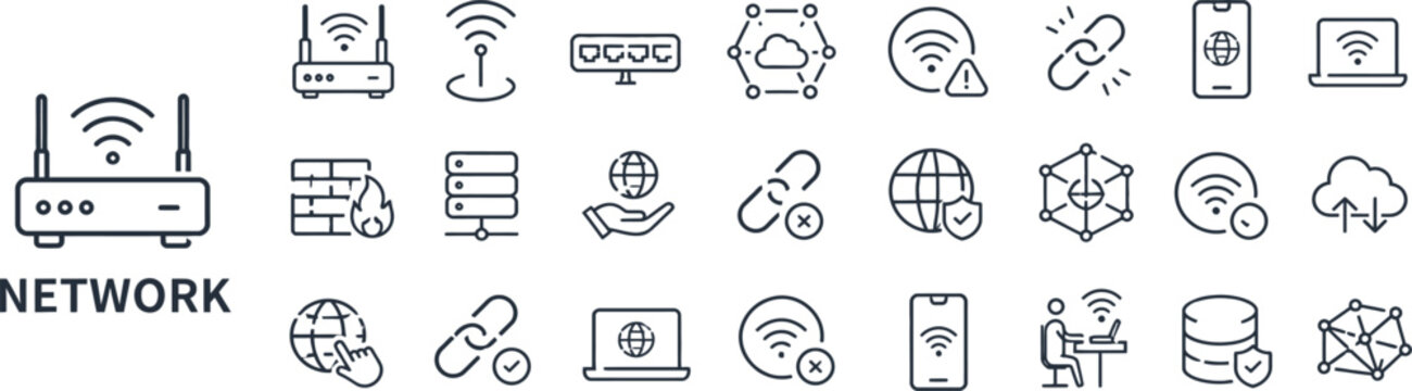 Network and Connectivity Line Icons Set for Internet, Communication, and Digital Technology