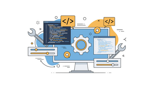 Software development environment featuring coding windows, mechanical gears, adjustment sliders, and repair tools.