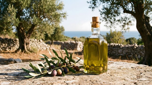 A clear glass bottle filled with extra virgin olive oil sits beside a small bunch of fresh olives.