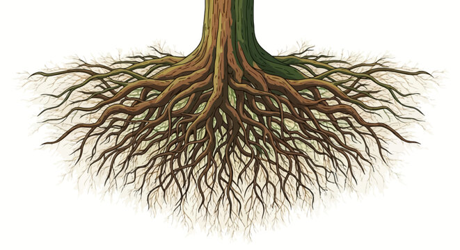Illustration of a tree with strong and deep roots spreading outwards.