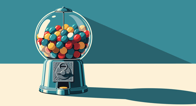 Vintage gumball machine filled with colorful candy spheres stands on a light surface against a blue background with sharp shadows.
