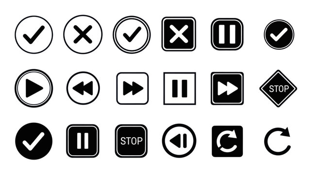 Set of various interface control buttons and symbols.