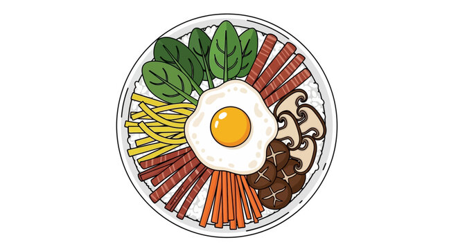 Illustrated Korean bibimbap with fried egg, vegetables, and meat