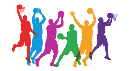 Colorful silhouettes of basketball players in various action poses on a white background © Kosong