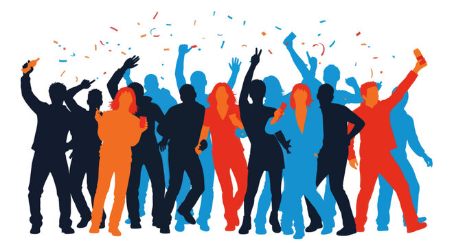Silhouettes of diverse people dancing and celebrating at a lively party with falling confetti.