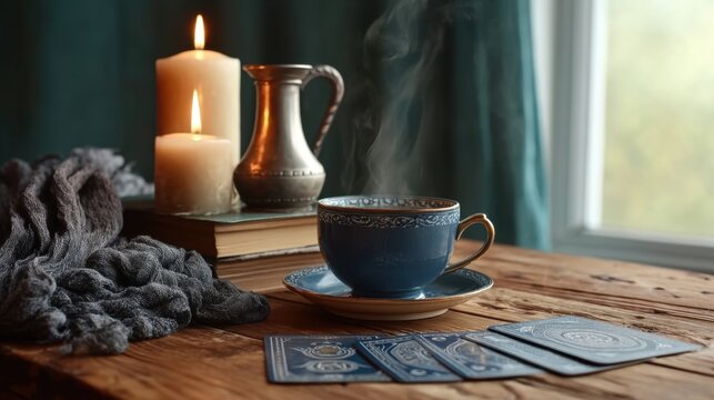Cozy Setup with Wooden Table, Hot Beverage, Candles, and Tarot Cards in Warm Lighting for a Tranquil Atmosphere