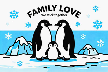 Obraz premium A flat cartoon illustration of a penguin family standing on an icy polar landscape, with warm family love theme text above them.