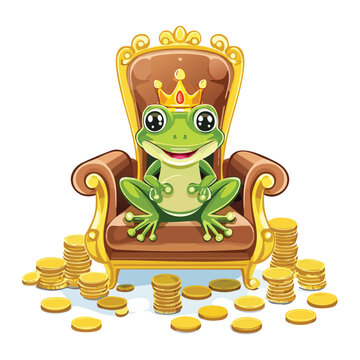 Cartoon frog king sitting on ornate throne with golden crown and coins