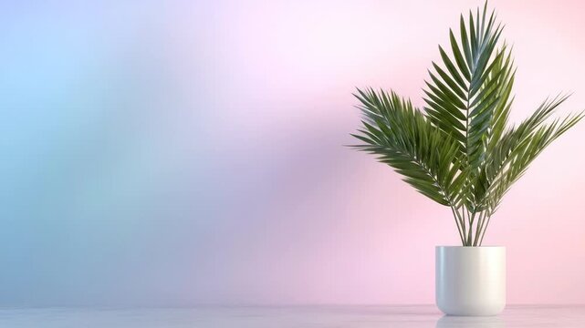 Potted plant, vibrant green foliage, white ceramic container, smooth pastel gradient backdrop, peaceful indoor decoration, elegant home interior element, fresh tranquil environment.