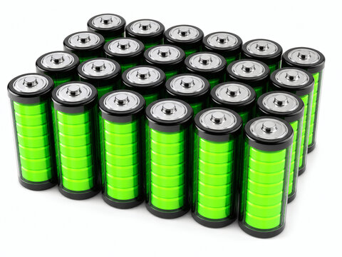 Fully charged green batteries isolated on white background, energy and power concept