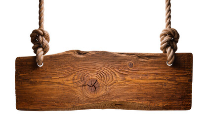 Rustic wooden sign with thick rope hangers, isolated on transparent background © Corotaev