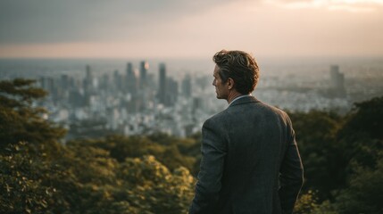 Naklejka na ściany i meble Businessman looking at city skyline from hilltop at sunset