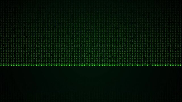 Green binary code screen background falling zero one symbols, dark center space, matrix technology style. hacking videos, coding intros, cyber security, software promos, and digital overlays.