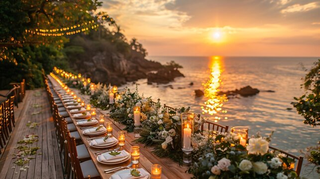 A romantic beachside wedding dinner setup unfolds at sunset with tables adorned with flowers and candles along a wooden deck overlooking the serene ocean.