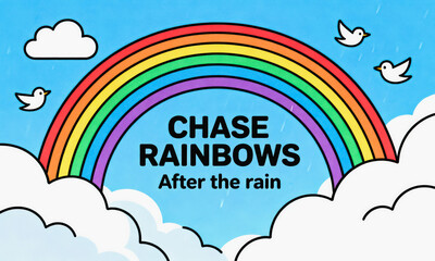 Naklejka premium This cute flat vector illustration features a rainbow over fluffy clouds with flying birds, paired with an inspirational quote about chasing hope after hardship.