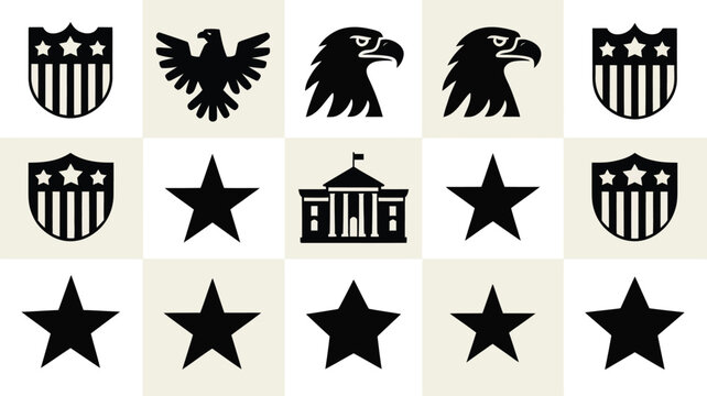 Collection of patriotic badge style vector icons featuring american symbols and flags on beige and white background