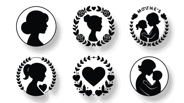 Mother's day silhouette icons with hearts and florals black and white vector illustrations