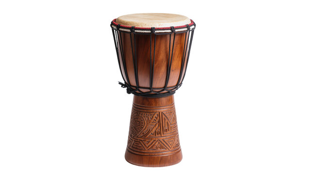 Wooden djembe drum with carved base and natural skin head, isolated on transparent background