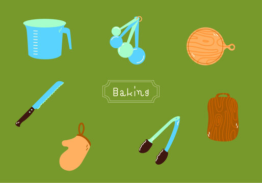 Assorted kitchen baking utensils and wooden cutting board icons