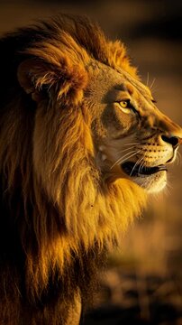 Majestic close-up portrait of a male lion with golden mane in natural habitat.